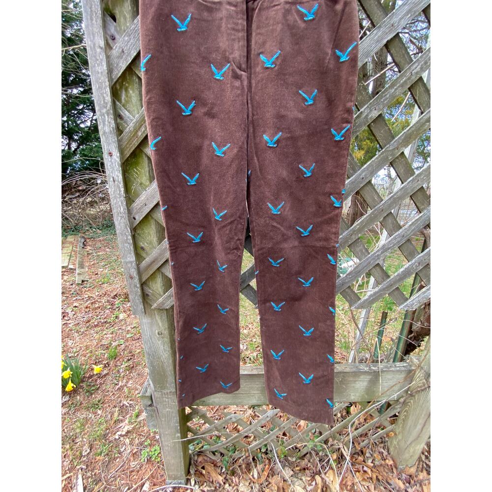 Lilly Pulitzer Brown Corduroy Wide-Leg Pants with Teal Embroidery